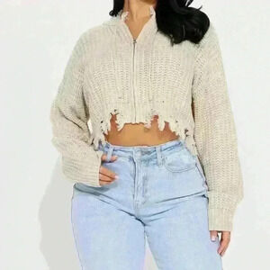 FASHION NOVA Emery Distressed Cardigan Sweater -
Oatmeal